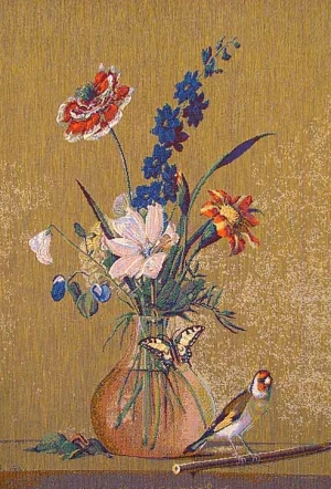 Купоны / Натюрморт из гобелена - Букет цветов, бабочка и птица. Толстой Ф. Купон 40х60 см
