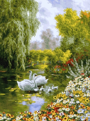 Картины / Пейзаж из гобелена - 2817-2н Багет №1 50х70 Лебеди на пруду