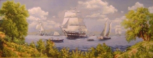Картины / Морская тематика из гобелена - Лагуна Картина 50х100 см коричневая рамка 1378