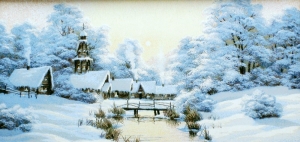 Картины / Зимние пейзажи из гобелена - I147-2hB2 Багет №2 126х61 Деревня зимой