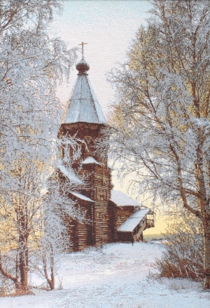 Картины / Зимние пейзажи из гобелена - 2597-3hB1 Багет №1 50х70 Деревянное зодчество