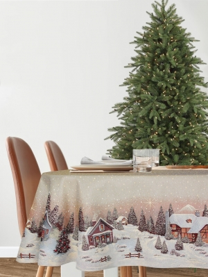 Новогодние товары для дома / Испанская новогодняя коллекция / Новогодний вечер бежевый фон из гобелена - Новогодний вечер бежевый фон Скатерть Овал 160х300 см серебро 2518955 New