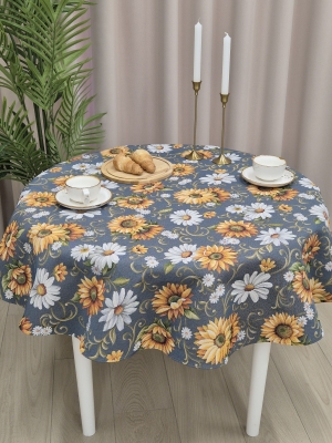 Всесезонная коллекция текстиля Basic / Подсолнухи и ромашки New из гобелена - Подсолнухи и ромашки синий фон Скатерть круг д230 см 2519581