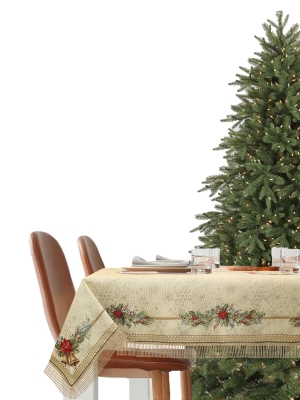 Новогодние товары для дома / Испанская новогодняя коллекция / Елочные украшения New из гобелена - Елочные украшения Зеленый бордюр Скатерть 155х285 см бахрома 2520017 New