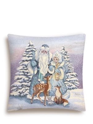 Новогодние товары для дома / Испанская новогодняя коллекция / Снегурочка и ДМ New из гобелена - Снегурочка ДМ и Олень Наволочка 38х38 см серебро 2520064 New