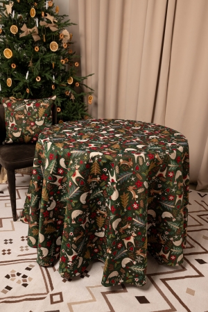 Всесезонная коллекция текстиля Basic / Сказочный лес NEW из гобелена - Сказочный лес темный фон Скатерть круг д140 см Бахрома НР 2520174