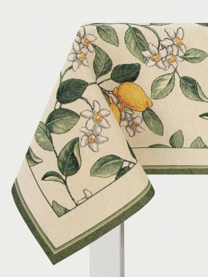 Всесезонная коллекция текстиля Basic / Лимоны Амальфи зеленый бордюр из гобелена - Лимоны Амальфи зеленый бордюр Скатерть 140х140 см 08085